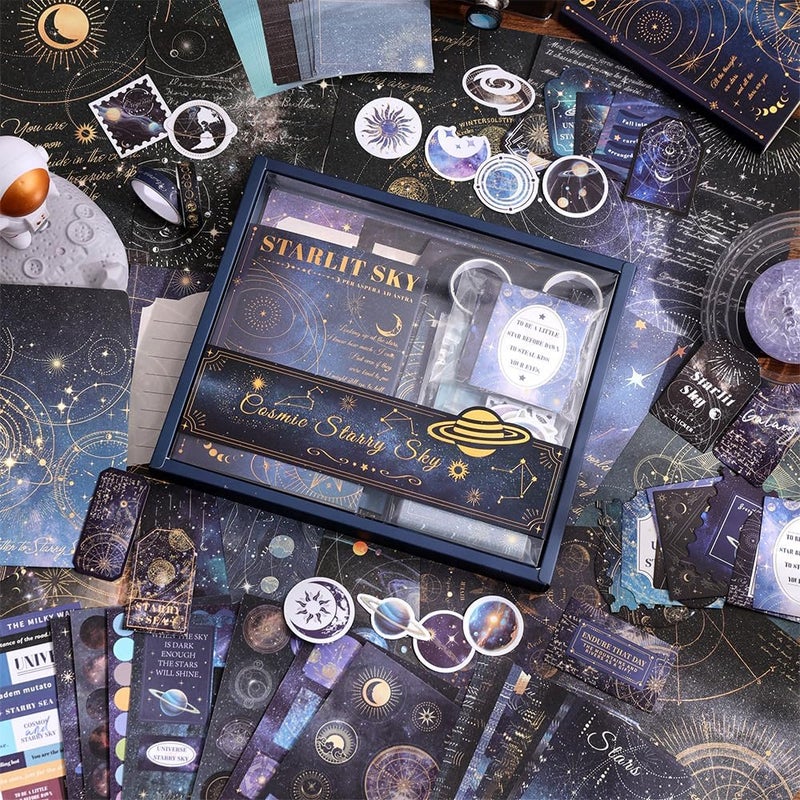 icceemee Scrapbooking Supplies Kit, Blue Starry Sky Scrapbooking Kit for Bullet Junk Journaling, Stationery, A6 Grid Notebook, Flower DIY Journaling Supplies, Birthday Craft Gift for Teen Girls - Image 1